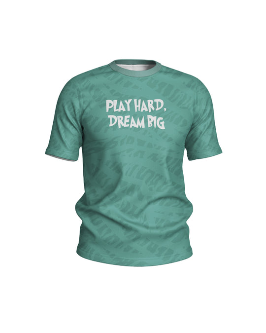 Children's sports shirt Play hard, dream big - green (unisex)